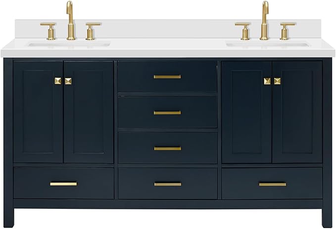 ARIEL Cambridge 66-inch Bathroom Vanity with Sink,Solid Wood, 1.5-inch Pure White Quartz Countertop, Double Rectangular Porcelain Sink, 4 Soft Closing Doors, 6 Dovetail Drawers, Midnight Blue