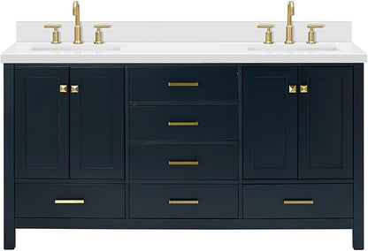 ARIEL Cambridge 66-inch Bathroom Vanity with Sink,Solid Wood, 1.5-inch Pure White Quartz Countertop, Double Rectangular Porcelain Sink, 4 Soft Closing Doors, 6 Dovetail Drawers, Midnight Blue