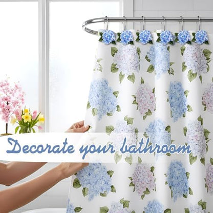 Amyhill 12 Pcs Hydrangea Decorative Shower Curtain Hooks Blue Flower Shower Curtain Rings Hanger Stainless Steel Resin Spring Floral Themed Hooks for Home Bathroom Decor
