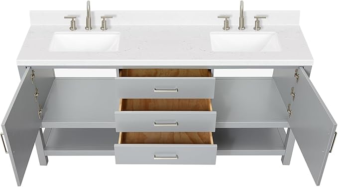 ARIEL Bayhill 72-inch Bathroom Vanity with Sink,Solid Wood, 1.5-inch Carrara White Quartz Countertop & Backsplash, Double Rectangular Porcelain Sink, 2 Soft Closing Doors, 3 Dovetail Drawers, Grey