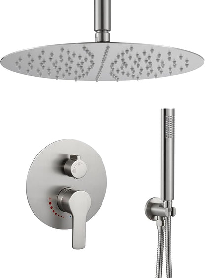 Brushed Nickel Shower Faucet Set- Rainfall Shower System Has 12 Inch Rain Shower Head with Handheld Sprayer and Brass Valve for Bathroom Shower Fixtures