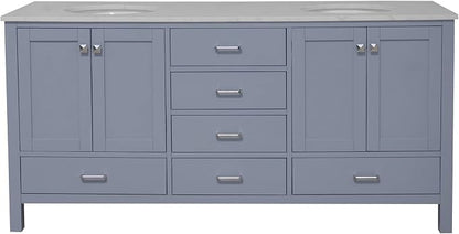 Horizon 72-inch Double Bathroom Vanity (Engineered Carrara/Powder Blue): Includes Powder Blue Cabinet with Engineered Carrara Countertop and White Ceramic Sinks