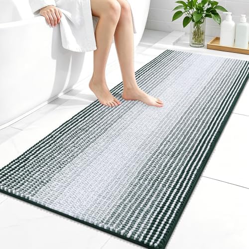 OLANLY Bathroom Runner Rugs 47x24, Soft Chenille Bath Rugs, Blackish Green