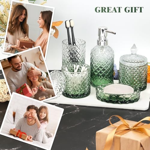Bathroom Accessories Set, 5Pcs Bathroom Soap Dispenser Set, Glass Bathroom Accessories with Glass Soap Dispenser, Soap Dish, Toothbrush Holder, Tumbler, Cotton Swab Jar (Gradient Clear & Green)