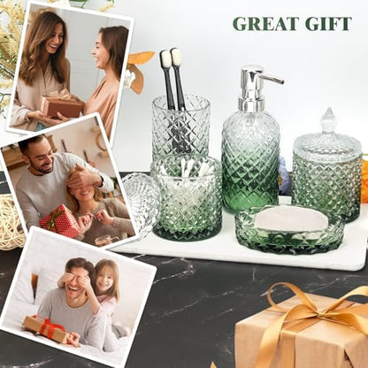 Bathroom Accessories Set, 5Pcs Bathroom Soap Dispenser Set, Glass Bathroom Accessories with Glass Soap Dispenser, Soap Dish, Toothbrush Holder, Tumbler, Cotton Swab Jar (Gradient Clear & Green)