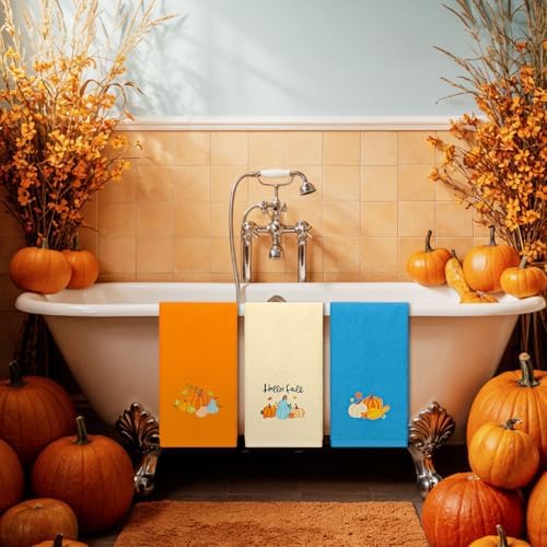 JarThenaAMCS 3Pcs Fall Pumpkin Hand Towels Cotton Embroidered Bathroom Towel Orange Blue Pumpkin Absorbent Dish Towel for Autumn Thanksgiving Drying Cleaning Cooking Gift Kitchen, 29.5 x 13.7 Inch
