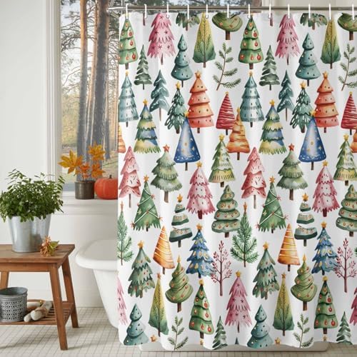 Christmas Tree Shower Curtain Bathroom Set Star Xmas Pine Trees Waterproof Shower Curtains with Grommets Hooks Colorful Cartoon Style Privacy Bath Curtain for Bathtub Decor 60x72in