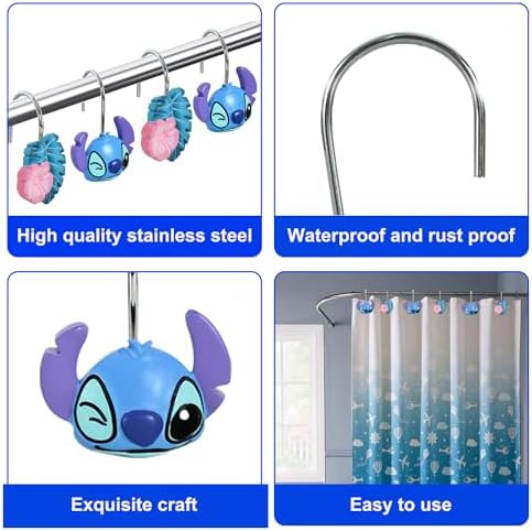 12-Piece Blue Cute Shower Curtain Hooks for Bathroom