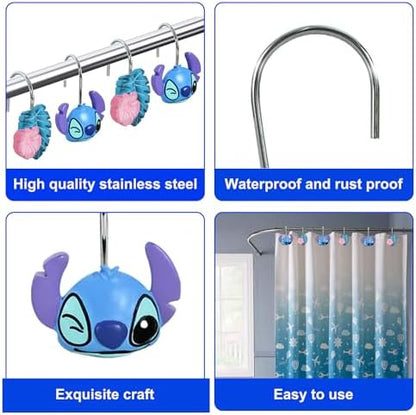 12-Piece Blue Cute Shower Curtain Hooks for Bathroom