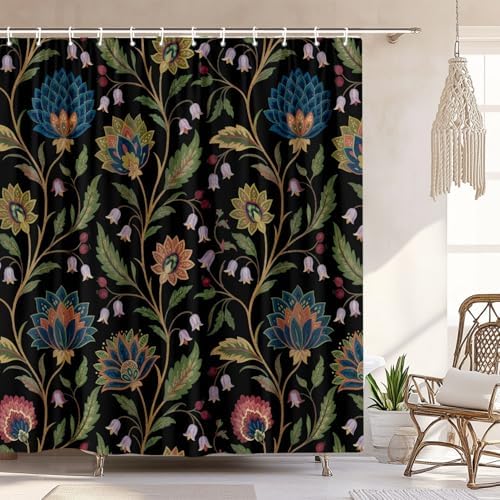 Vintage Floral Shower Curtain for Bathroom, Rustic Farmhouse Black and Teal Sage Green Boho Botanical Shower Curtains, Retro Cottagecore Wildflower Aesthetic Bath Curtain Set with Hooks， 72 x 72 Inch