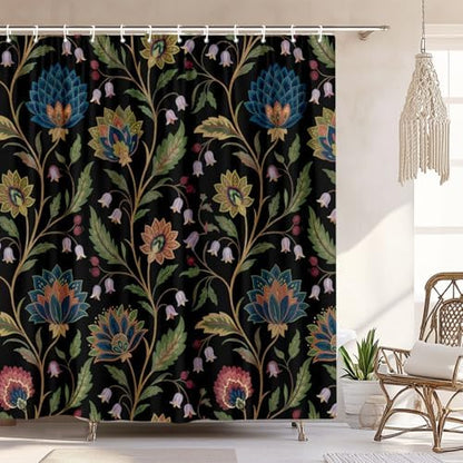 Vintage Floral Shower Curtain for Bathroom, Rustic Farmhouse Black and Teal Sage Green Boho Botanical Shower Curtains, Retro Cottagecore Wildflower Aesthetic Bath Curtain Set with Hooks， 72 x 72 Inch