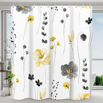 WITHLOC Floral Shower Curtains for Bathroom, Yellow Gray, 72" W x 72" L