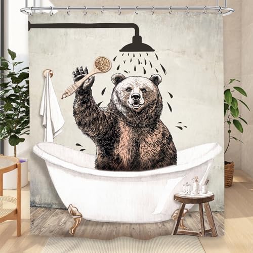 Funny Bear Shower Curtain 60Wx72L Inch Farmhouse Rustic Vintage Wild Cute Animal Kids Antique Bathroom Set Accessories Decor with 12 Pack Hooks
