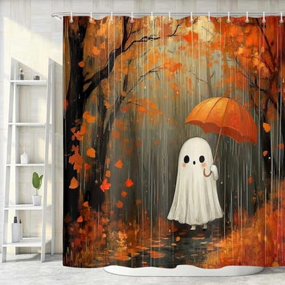 Halloween Ghost Pumpkin Shower Curtain, Cute Funny Autumn Seasonal Floral Decor Bath Curtains, Fall Maple Leaves Spooky Waterproof Fabric Bathroom Accessories with Hooks, 72x72 Inch