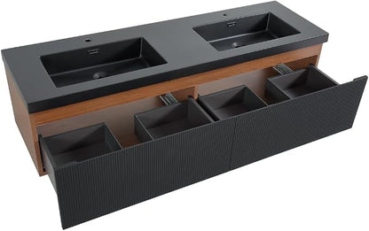 60 Inch Floating Bathroom Vanity with Double Sinks, Wall Mounted Striped Storage Cabinet, Soft Close Drawer, Black Quartz Sand Basin, Fully Assembled, Smoked Walnut Finish