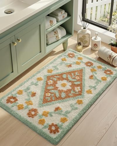 DEXI Boho Floral Bathroom Rug 32x20, Diamond Green Leaf Bath Mats Non Slip