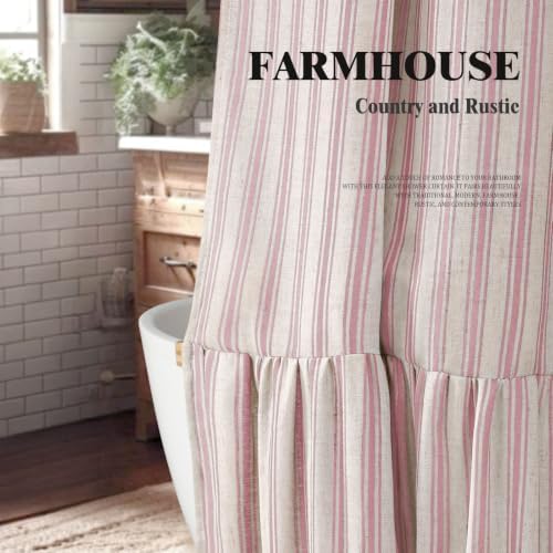 Farmhouse Shower Curtain Ruffle Linen Cream-Pink Stripe 72"W x 72"L