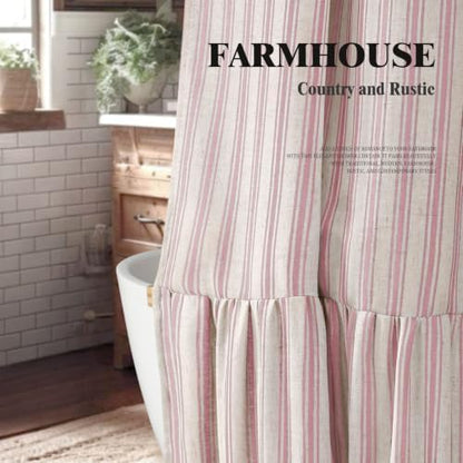Farmhouse Shower Curtain Ruffle Linen Cream-Pink Stripe 72"W x 72"L