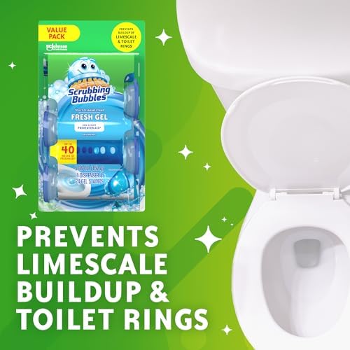 Scrubbing Bubbles Toilet Bowl Cleaning Stamps, Keeps Toilet Clean and Helps Prevent Limescale and Rings, Rainshower Scent, 1 Dispenser with 24 Stamps