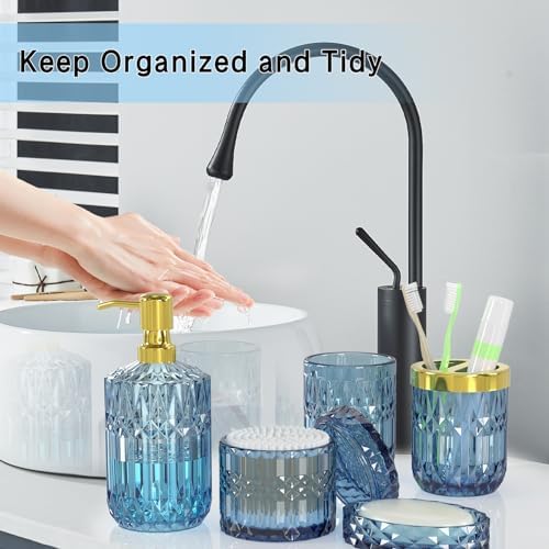 Blue Bathroom Accessories 5 Pcs, Glass Bathroom Accessory Set, Vintage Blue Bathroom Set, Soap Dispenser and Toothbrush Holder Set, Qtip Holder, Bathroom Sets Complete, Modern Bathroom Decor