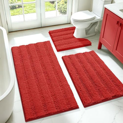 ACCUMTEK Christmas Striped Red Ultra Soft Bathroom Rugs and Mats Set 3 Pieces Bath Mat Set, Thick Chenille Bath Rugs Non Slip Bath Mats for Bathroom, Kitchen, Burgundy