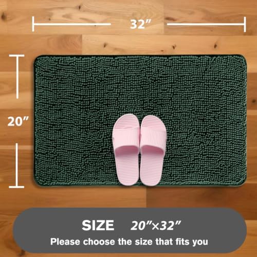 Dark Green Bathroom Rugs – Absorbent and Washable Bath Mat, Non-Slip, Thick Soft Chenille Bath Rugs for Bathroom Floor, Shower, Sink - 20" x 32"