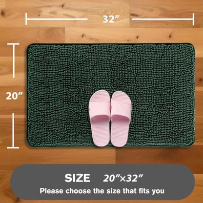 Dark Green Bathroom Rugs – Absorbent and Washable Bath Mat, Non-Slip, Thick Soft Chenille Bath Rugs for Bathroom Floor, Shower, Sink - 20" x 32"