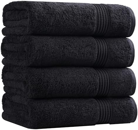 Superior Egyptian Cotton 4-Piece Bath Towel Set for Shower, Bath, Spa, Resort, Hotel, Soft Body Towels, Airbnb Essentials, Apartment, Dorm, Quick Dry, Absorbent, Bathroom Basics, Black