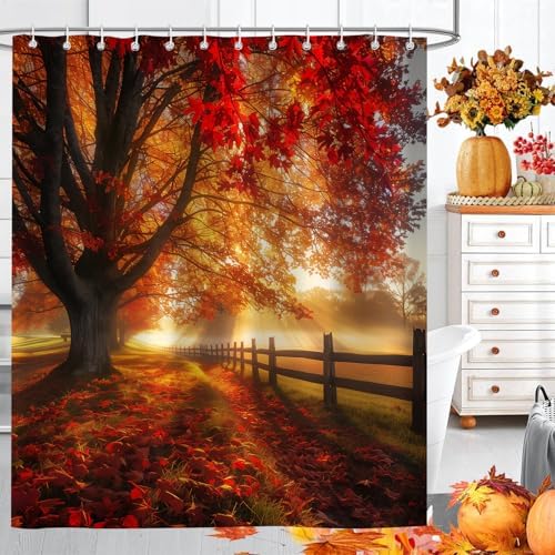Fall Decor Shower Curtain, Golden Autumn Forest Leaves Natural Sunshine Farmhouse Bathroom Decor，Waterproof Cloth Fabric Bathroom Curtain Set with Hooks 72 x 72 inch