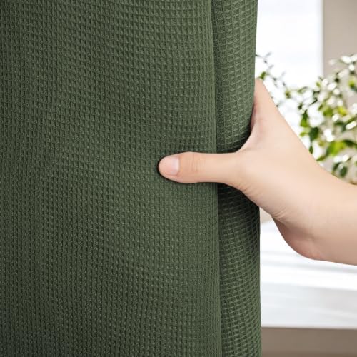 LXBNI Green Waffle Shower Curtain, Cotton Blend with Metal Hooks, 72x72