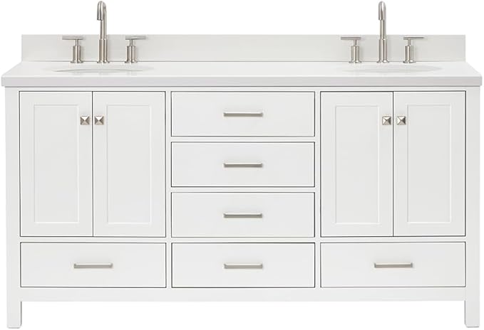 ARIEL Cambridge 66-inch Bathroom Vanity with Sink,Solid Wood, 1.5-inch Pure White Quartz Countertop & Backsplash, Double Oval Porcelain Sink, 4 Soft Closing Doors, 6 Dovetail Drawers, White