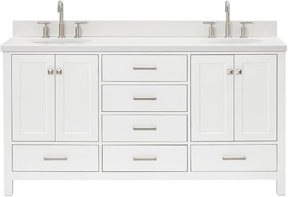 ARIEL Cambridge 66-inch Bathroom Vanity with Sink,Solid Wood, 1.5-inch Pure White Quartz Countertop & Backsplash, Double Oval Porcelain Sink, 4 Soft Closing Doors, 6 Dovetail Drawers, White