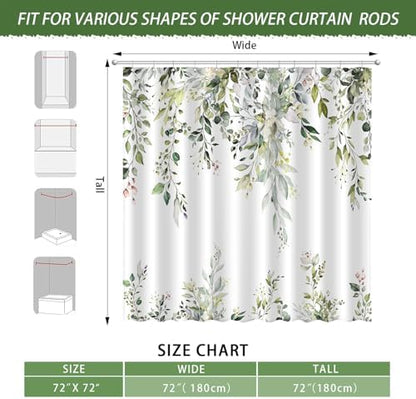 Eucalyptus Shower Curtain, Aesthetic Art Watercolor Plant Leaves with Floral Bathroom Decor, Waterproof Fabric Cloth Bath Curtain Set with Hooks (Green, 72" W x 72" L)