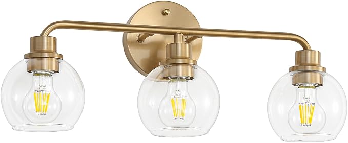 22 Inch Bathroom Light Fixtures Gold Vanity Light 3 Light Brushed Brass | Intrfimaso Wall Sconces Lighting with Clear Globe Glass Shades Bath Wall Lamp for Mirror Living Room Bedroom Hallway