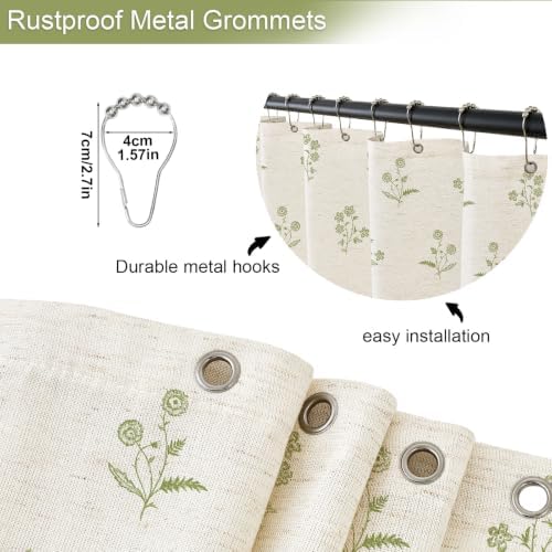 ORTIGIA Linen Shower Curtain Cottagecore Vintage Green Floral 72 W x 72 L
