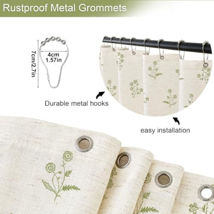 ORTIGIA Linen Shower Curtain Cottagecore Vintage Green Floral 72 W x 72 L