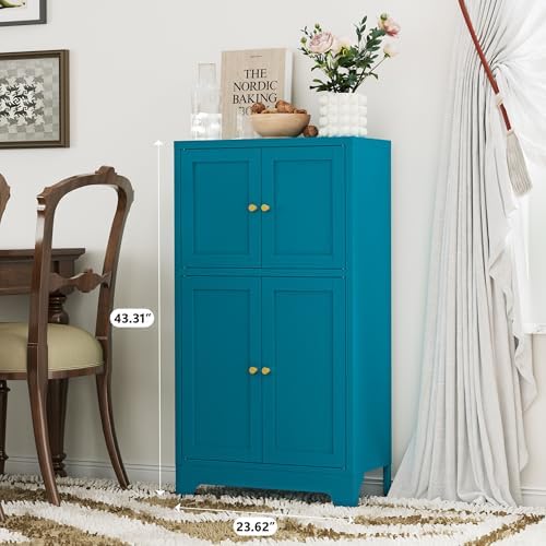 YAUWOH Blue Bathroom Floor Cabinet, Metal Storage Cabinet with 2 Adjustable Shelves & 4 Doors,Freestanding Sideboard for Dining Room,Living Room, Home Office