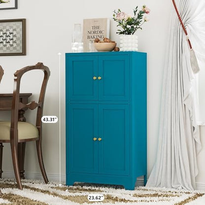 YAUWOH Blue Bathroom Floor Cabinet, Metal Storage Cabinet with 2 Adjustable Shelves & 4 Doors,Freestanding Sideboard for Dining Room,Living Room, Home Office