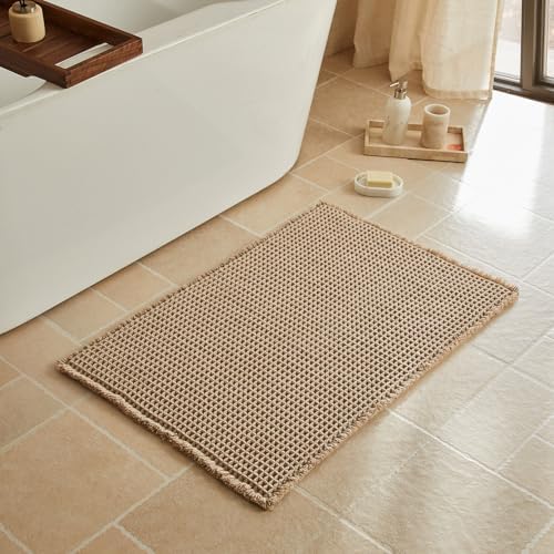 Triohero Waffle Bath Mat, Boho Bathroom Rugs Non Slip, 24x36 Beige