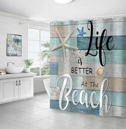 Beach Shower Curtain, Rustic Vintage Wood Ocean Quote Words Summer Fabric Decor Bath Curtain, Nautical Coastal Starfish Theme Bathroom Curtain Accessories with Hooks 72X84in