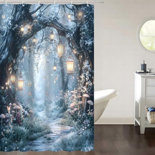 Fantasy Forest Path Shower Curtain Winter Fairy Magical Enchanted Misty Jungle Mushroom Floral Tree Butterfly Lantern Wonderland Bath Curtain Fabric Bathroom Accessories Decor with Hooks 47W x70L