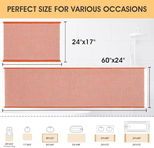 IM HOME Waffle Bath Mat Set 2 Piece Orange & Cream,Woven Modern Bath Rug Mats, Absorbent Non Slip Bath Floor Mat, Soft Washable Boho Bath Rugs with Tassels for Bathroom, Bedroom, Kitchen,Tub