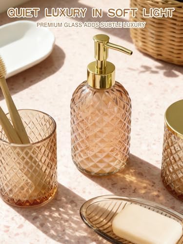 Haturi Glass Bathroom Accessories Set, Amber Brown Bathroom Set, 4 Pcs