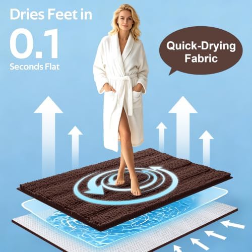 ACCUMTEK Striped Brown Bathroom Rug Mat Set 2 piece 32"x20"+24"x17" Ultra Soft, Non Slip Chenille Bath Rugs, Absorbent Plush Shaggy Bath Mats for Bathroom, Bedroom, Kitchen, Shower, Tub