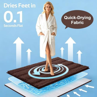 ACCUMTEK Striped Brown Bathroom Rug Mat Set 2 piece 32"x20"+24"x17" Ultra Soft, Non Slip Chenille Bath Rugs, Absorbent Plush Shaggy Bath Mats for Bathroom, Bedroom, Kitchen, Shower, Tub
