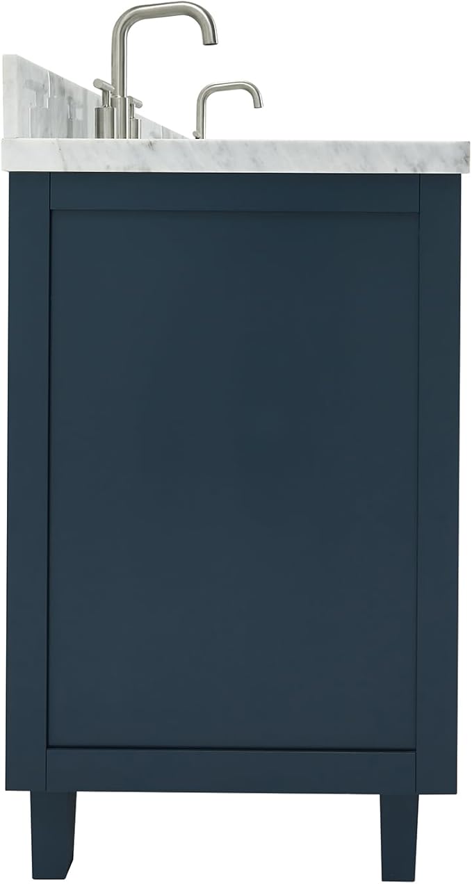 ARIEL Monroe 72-inch Bathroom Vanity with Sink,Solid Wood, 1.5-inch Italian Carrara Marble Countertop & Backsplash, Double Oval Porcelain Sink, 9 Dovetail Drawers, Brushed Nickel, Midnight Blue