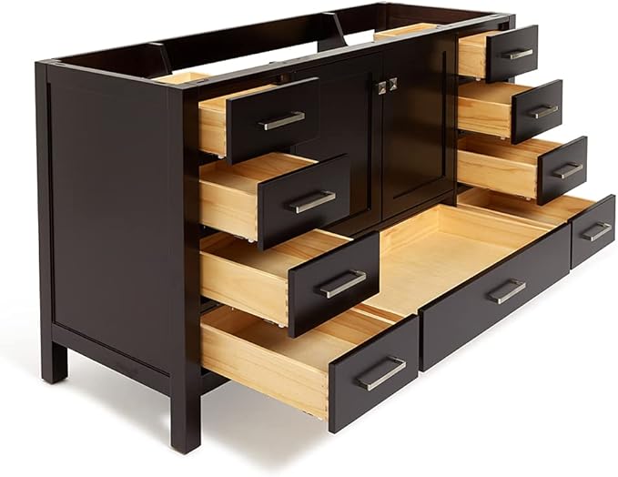 ARIEL Cambridge 60-inch Bathroom Vanity Base Cabinet,Solid Wood, 2 Soft Closing Doors, 9 Dovetail Drawers, Espresso