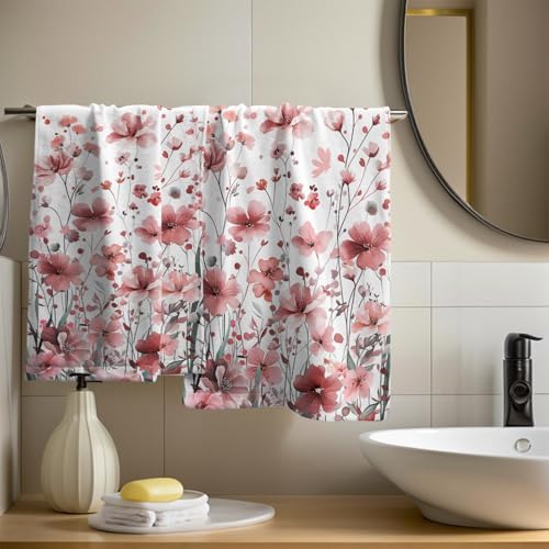 Watercolor Flowers Hand Towel Set of 2, 14x28 Inch Spring Floral with Butterflies and Leaves Absorbent Soft Dish Cloth Towels for Farmhouse Kitchen Bathroom Home Hotel Gym Decor