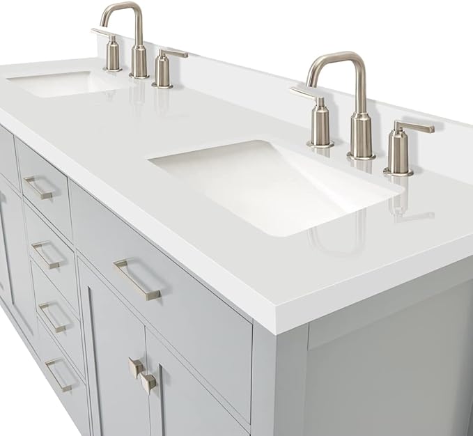 ARIEL Bristol 72-inch Bathroom Vanity with Sink,Solid Wood, 1.5-inch Pure White Quartz Countertop & Backsplash, Double Rectangular Porcelain Sink, 4 Soft Closing Doors, 4 Dovetail Drawers, Grey