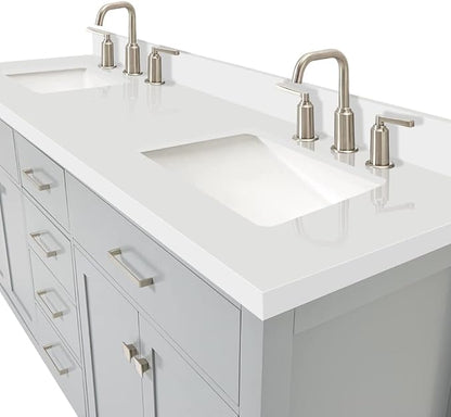 ARIEL Bristol 72-inch Bathroom Vanity with Sink,Solid Wood, 1.5-inch Pure White Quartz Countertop & Backsplash, Double Rectangular Porcelain Sink, 4 Soft Closing Doors, 4 Dovetail Drawers, Grey